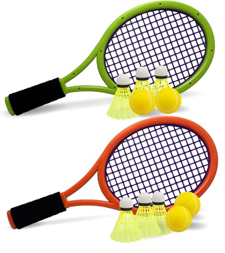 Kinder Tennisschläger mit Tragetasche,4 weiche Trainingsbälle und 6 Badminton Birdies,Tennisschläger Geschenkset für Kinder Outdoor Indoor Sport (Dunkelorangegrün)