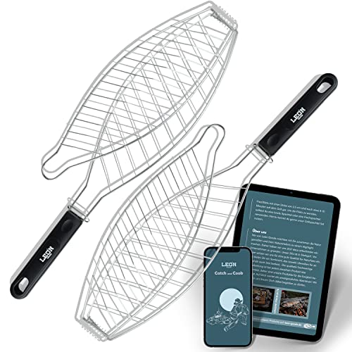 LEÓN Goods® : Fischgriller [ Edelstahl ] Grillzubehör - Grillzange für Fisch. Grillzubehör für Angler! Fisch Grillhalter, Fisch - Grillrost + E-Book! (2X Set)