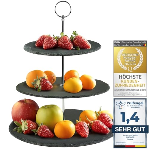 Dimono® Etagere Premium Servier-Ständer 3-Etagen; Servier-Tablett aus echten Schiefer-Naturstein für Desserts, Kuchen, Käse, Wurst; 3-stöckig (Schiefer Naturstein)