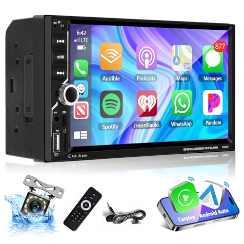 Podofo Carplay 2 Din Car Stereo, 7 Zoll HD Touchscreen Bluetooth Autoradio, MP5 Player Unterstützung Wireless Android Auto/Bluetooth 5.1/MirrorLink/FM/USB/AUX/Laden/Fernbedienung + Rückfahrkamera