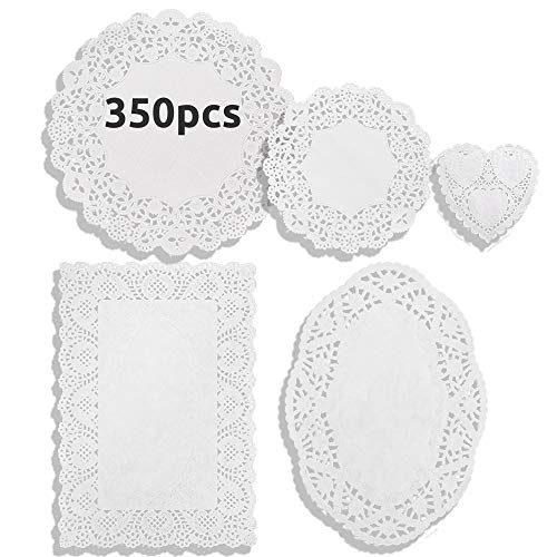 Daily Treasures 350 Pcs Lace Paper Deckchen 6 Formiger Untersetzer Deckchen Kuchen, Rund Oval Rechteck Herz Papierdeckchen Spitze, 6 Größe Papier Spitzendeckchen für Papierdeckchen