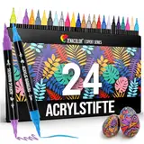 Zenacolor 24 Acrylstifte für Steine wasserfest mit Doppelspitze (feine Spitze und Pinsel) - Acrylstifte verschiedene Oberflächen - Multimarker Acryl