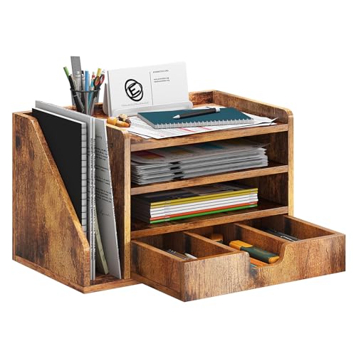 NiOffice Schreibtisch Organizer Holz, Dokumentenablage mit Seitlichem Aktenregal, 3 Ablagefächern & Schublade, Briefablage A4 für Büro und Arbeitszimmer, Aktenaufbewahrung und Papierablage (Braun)