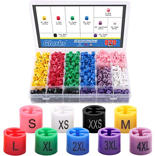 Glarks 820 Stück, 9 Farben, XXS – 4XL, farbige Kleidergrößenmarkierer, farbcodierte Größenclips, Sortimentsset, passend für 2–4 mm Kleiderbügelhaken für Drahtbügel