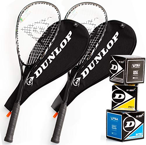 Dunlop Squashset: 2X Squashschläger BIOTEC LITE TI Silver Deluxe + 2X Schlägerhülle + 3 hochwertige Bälle