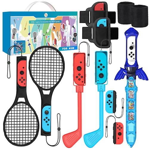 11 in 1 Switch Sport Zubehör Set, Switch Sports Zubehör Bundle mit Tennisschläger, Golfclub, Schwerter, Handgelenk, Somatosensorisch Set für Switch OLED Sportspiele Party