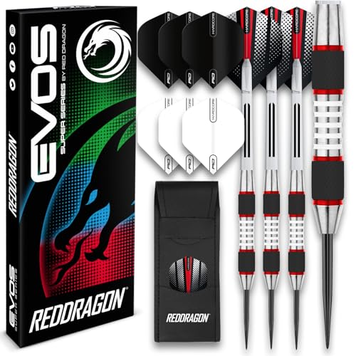 RED DRAGON Evos: 24 Gram Tungsten Dartpfeile Profi Steel Darts Set mit Flights, Schäfte and Brieftasche