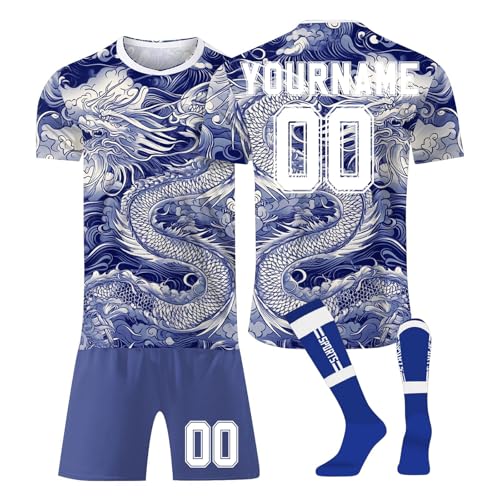 Personalisiert Fußballtrikot Kinder Erwachsene T-Shirt Shorts&socks 3 Teiliges Set,mit Eigenem Namen/Teamname/Nummer/Logo Sportshirt Trainingsanzug Fantrikot