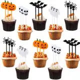 50 Stück Halloween Cupcake Topper, 5 Stile, Kuchendeko Fruit Picks, Lustige Halloween Cake Topper Fledermaus Geist Kürbis Spinne für Halloween Party Kuchen Essen Käseplatte Vorspeisen Dekor