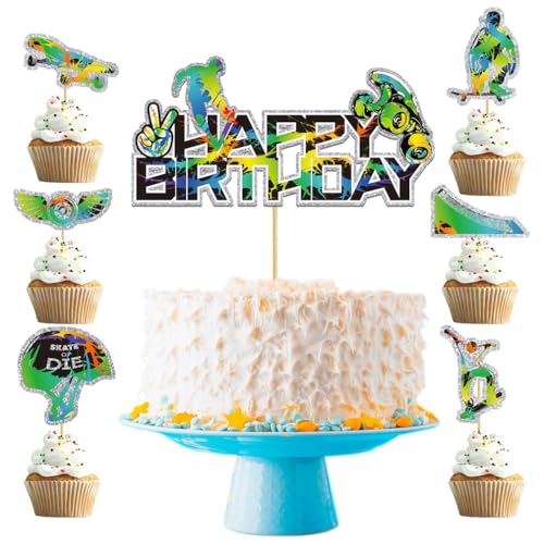 Guoguonb Blau Skateboarding Tortendekorationen 1 Groß Happy Birthday Cake Topper und 12 Stück Skateboard-Zubehör Cupcake für Outdoor-Sportarten Thema Kuchen Deko Kinder Geburtstagsparty Dekoration