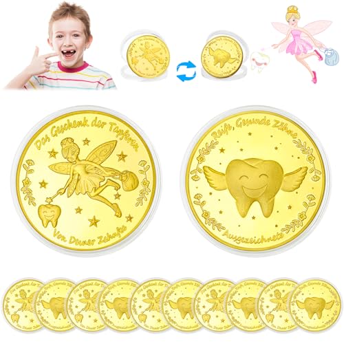 VEEKAY Zahnfee Münzen,10 Stück Zahnfee Goldtaler,Tooth Fairy Coins,Zahnfee Geschenk,Goldmünzen Kinder,Verlorenen Zahn Kinder Geschenke Souvenir,Gedenkmünze,Zahnfee Geschenke Ideen für Mädchen Junge