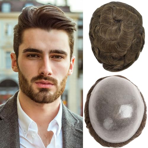 Ehairc Toupet für Männer 0.04-0.06mm Dünne Haut Doppelte Knoten Herren Toupet Langlebig 100% Human Hair System für Männer Perücke Basisgröße 8x10 Zoll 120% Dichte(5#)