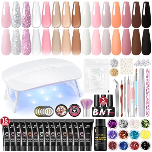 COSCELIA Poly Nagel Gel Set mit UV Lampe 44PCS, 15 Farben Poly Nagelgel Starter Set Nagelverlängerung Set mit Base Top Coat Gel Nägel Selber Set Machen Zu Hause