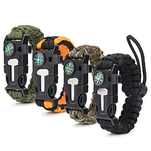 ceuao 4er-Set Survival Armband, 5 in 1 Outdoor Survival Kit für Herren Damen, Paracord Armband Überlebensarmband, Pfeife, Feuerstein, Kompass, zum Outdoor-Aktivitäten