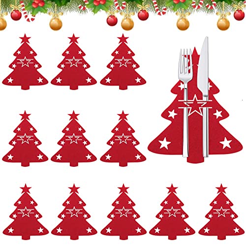 REFORUNG 12 Stück Weihnachten Besteckhalter Weihnachtsbaum Bestecktasche Filz Besteckbeutel Weihnachten Gabeln Löffel Besteck Halter Taschen Weihnachten Tischdeko für Party Abendessen Esstisch Deko