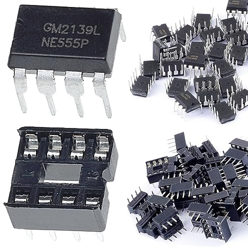 DAOKAI 50 Stück NE555P Precision Timer Single NE555 IC Impulsgenerator Single Bipolar DIP-8 + 50 Stück DIP-C IC Sockel für DIY elektronische Schaltungsprojekte