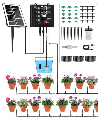 Joysing Solar Bewässerungssystem Automatische Bewässerungssystem Garten mit 12 Timer Modi, Anti-Siphon Tröpfchenbewässerung System 15M Automatische Bewässerung für Garten Balkon Gewächshaus Pflanzen