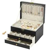 WAREHOUSE Schmuckaufbewahrung, 3-Lagige Abnehmbare Schmuckkästchen, zur Aufbewahrung von Schmuck, Ringen, Ohrringen, Armbändern und Halsketten, Wasserdichte Leder Schmuckkasten (Schwarz)