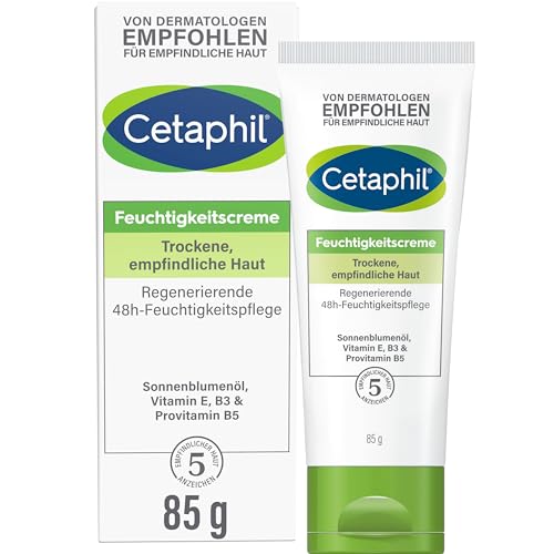 Cetaphil Feuchtigkeitscreme, 85ml, Für trockene, empfindliche Haut, Spendet intensiv 48h Feuchtigkeit und stärkt die Widerstandskraft, Mit Vitamin B3, Provitamin B5, Sonnenblumenöl, Mandelöl, Glycerin