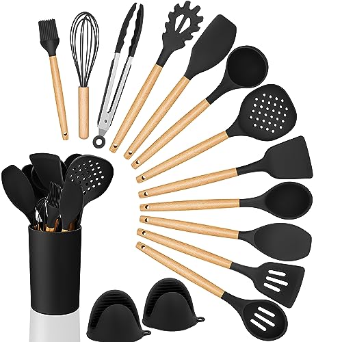 Homikit Küchenhelfer, 15-teiliges Schwarz küchenutensilien Set mit Holzgriff, Antihaftes Silikon Kochutensilien Set mit Utensilienhalter, küchenutensilien, Hitzebeständiger, Leicht zu Reinigen