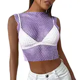 QWUVEDS Sexy Strass-Mesh-Tanktops für Frauen, durchsichtiges -Crop-Top Holzfällerhemd Damen