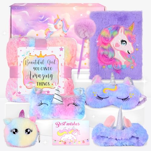 GEEKEO Einhorn Geschenke für Mädchen, Einhorn Kuscheltier Leuchtende Plüsch Decke Federmäppchen Brieftasche Augenmaske Stirnband Geburtstagsdeko, Geburtstagsgeschenk für Mädchen 5 6 7 8 9 10 Jahre