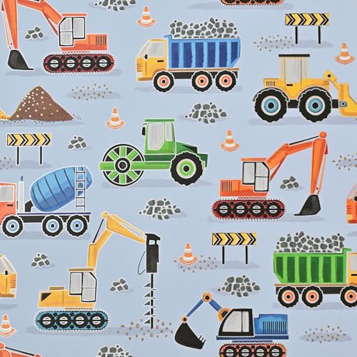 Geschenkpapier 70cm x 2m Rolle Baustelle - Geschenkpapierrolle mit Bagger, LKW & Baufahrzeugen - Verpackungspapier für Kindergeburtstag, Bauarbeiter-Party, Fahrzeuge & Baumaschinen Fans
