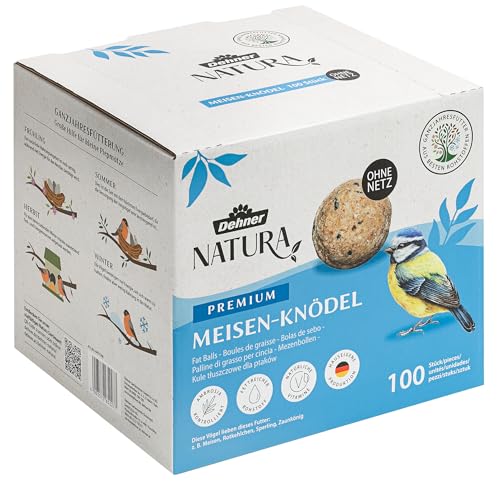Dehner Natura Premium Meisenknödel ohne Netz, ganzjähriges Wildvogelfutter proteinreich / energiereich, Vogelfutter für Wildvögel, 100 Stück je 90 g (9 kg), Karton aus FSC-zertifizierter Produktion