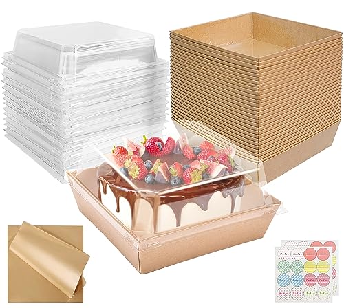 CoKeeSun 30 Stück Kuchen Transportbox Pappe,12cm Muffin transportbox mit Transparentem Deckel, Cupcake Box mit Backpapier und Aufkleber, Take Away Box für Sandwich, Macarons (Weiß) (Braun)