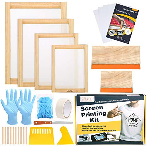 Caydo 31-teiliges Siebdruck Starter-Set beinhaltet 4 verschiedene Größen von Holz Siebdruck Rahmen mit 110 Mesh, Rakeln, Inkjet-Transparenzfilm, Tintenmesser, Handschuhe und Maskenband