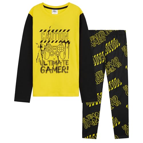 CityComfort Jungen Pyjama, Gaming Schlafanzug Set - Geschenke für Kinder, Teenager (Schwarz/Gelb, 11-12 Jahre)