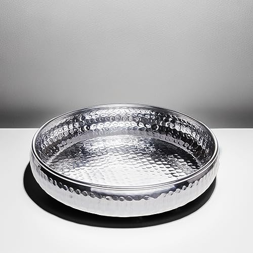 Orientalisches rundes Tablett Schale aus Metall Fidan 34cm groß Silber | Orient Dekoschale mit hoher Rand | Marokkanisches Serviertablett Rund | Ramadan Deko auf dem gedeckten Tisch