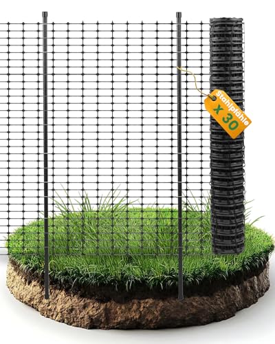 Ezcasch 50m Mobiler Begrenzungszaun 100cm Hoch Hühnerzaun Geflügelzaun Steckzaun Schafzaun Gartenzaun für Kleintiere mit 30x Stahlpfähle, 200x Kabelbinder