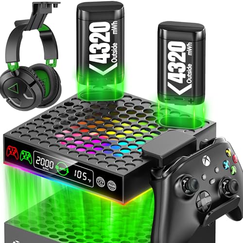 Lüfter für Xbox Series X & Series S Konsole mit 2 Packs 4320mWh Xbox Controller Akkus, Auto Einstellbares Kühler mit Modi eingebaut, mit Controller & Headset Halterungen