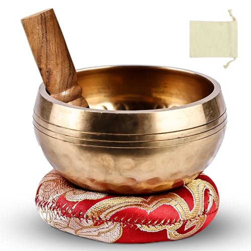 BYZESTY Tibetische Klangschalen Set: 3 Teile Authentische Handarbeit, Meditation Klangschale Für Tiefentspannung Und Stressabbau, Yoga Klangschale Für Balance Und Harmonie (8cm, Gold)