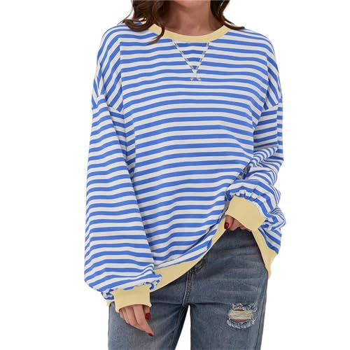 Lenugeo Dünne Sweatshirt Gestreift Damen Striped Shirt Oversized Pullover Langärm T-Shirt Top|Hellblau-Weiß,M