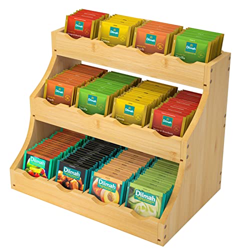 CALM COZY Teebeutelorganizer aus Bambus Teebox aus Holz mit 12 Staufächern für die Teebeutel Aufbewahrung extra groß 30,7 x 20 x 25 cm