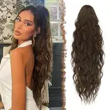 FESHFEN Lange Zopf Pferdeschwanz Haarextension mit kordelzug Lang Wellig Lockig Moosbraun Synthetik Haarverlängerung Natürliches Clip in Haarteil Ponytail Kunsthaar Haarzopf für Damen 65cm