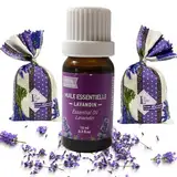 LHP Ätherisches Lavendelöl, 10 ml, Lavendel-Duftsäcke, Lavendelblüten + Lavendelöl, 2 Beutel gegen Motten + 100 % reines und natürliches Öl, beruhigend und parfümierend für Kleidung