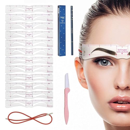 UOCAI Augenbrauen Schablone für Anfänger, 12 Stile Augenbrauen Schablonen Set mit Festes Seil und Augenbrauenrasier, Wiederverwendbar DIY Stempel für schnell Make-up