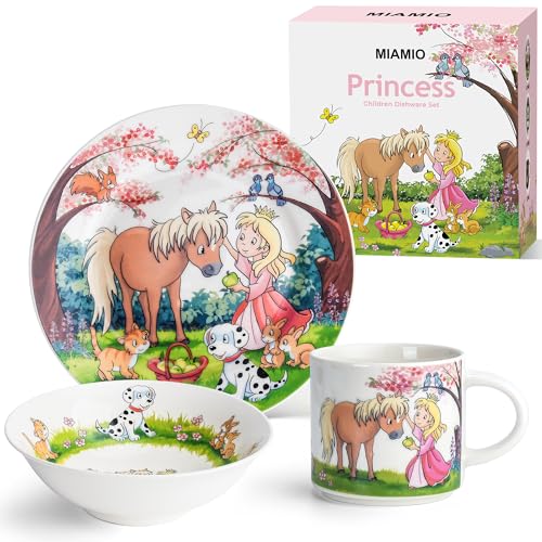 MIAMIO - 3er-Set Kindergeschirr/Porzellan Kinderbesteck, Kindergeschirr-Set aus Porzellan - Inklusive Teller, Schüssel und Tasse - Für Kinder und Kleinkinder (Prinzessin)