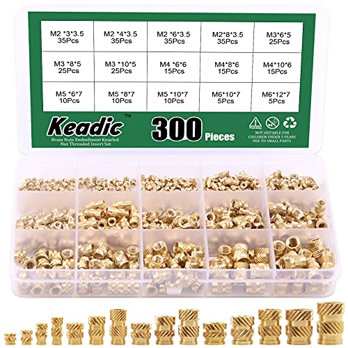 Keadic 300 Stück M2 M3 M4 M5 M6 Messing Einbettmutter Sortiment Kit Innengewinde Messing Rändelmuttern Gewinde Heat Set für Befestigung Befestigung Spritzguss und Druck 3D-Drucker