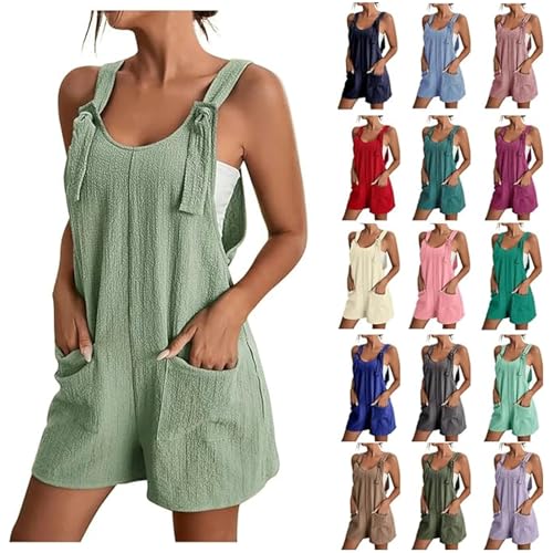 EMATOP Overall Damen Kurz Sommer Jumpsuit Baumwolle Leinen Latzhosen Lässiger Ärmellos Trägerhose Elegant Leicht Einteiler Shorts Einfarbig Mode Arbeitshose mit Taschen Playsuit Sport Romper