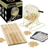 Großes Bingo Spiel Gold Metalltrommel 150 Chips, 75 Bingo Kugeln und Spielbrett aus Holz, 18 stabile Bingokarten + 500 Bingokarten Papier Erwachsene Kinder