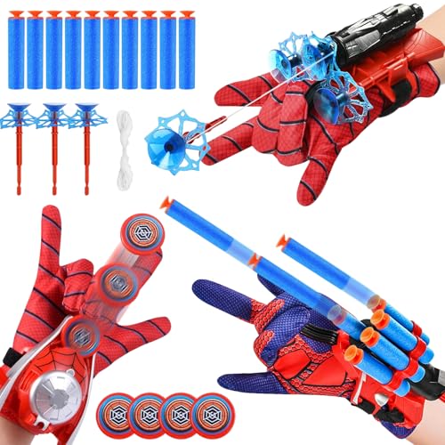 3 Set Spiderm Launcher Handschuh, Spiderm Hero Handschuhe, Kids Spiderm Hero Handschuhe mit Saugnapf-Darts und Frisbee, Handschuhe Super Spiderm Launcher, Spiderm netzwerfer, Geschenk für Kinder