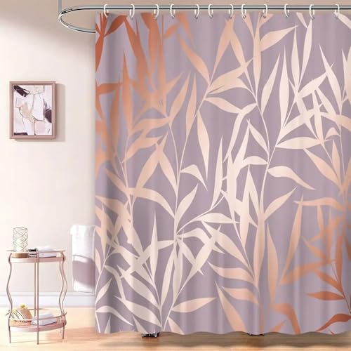 JGGXHM Roségoldener Duschvorhang mit tropischen Blättern, Rosagold, modernes Luxus-Badezimmer-Duschvorhang-Set aus Stoff mit Haken 70x140cm/WxH Bad Vorhang