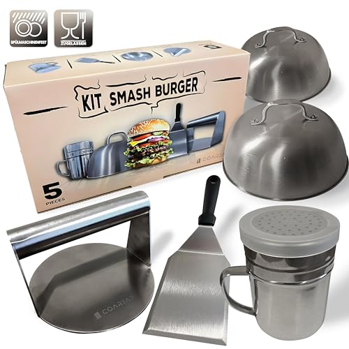 COARJAP – Smash Burgerpresse Edelstahl Set – Inklusive 1 Burger Smasher, 1 Spachtel, 2 Burgerglocken und 1 Gewürzstreuer – EU-Zertifiziert für Lebensmittelkontakt