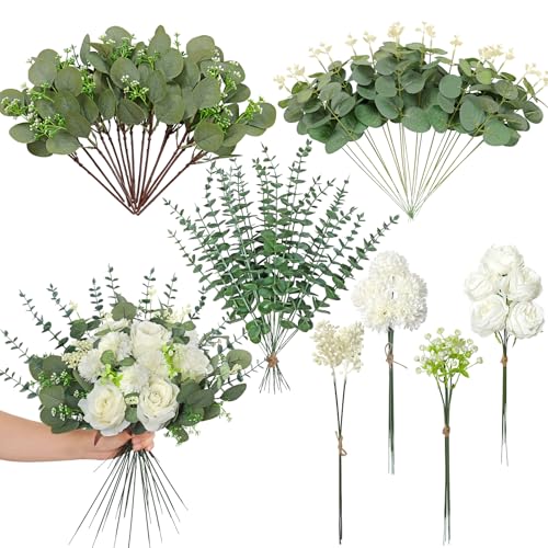 Weldomcor 72 Stück Kunstblumen & Künstliche Zweige, 7 Arten Künstliche Blumen Grün Blätter Dekozweige, KunstBlumen Wie Echt Rose Hortensien Eukalyptus für DIY Kunstblumenstrauss Hochzeit Party Dekor