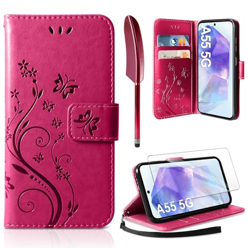 AROYI Lederhülle Kompatibel mit Samsung Galaxy A55 5G Hülle und Schutzfolie,Wallet Handyhülle Leder Tasche Kartensteckplätzen Schutzhülle Kompatibel mit Samsung Galaxy A55 5G Rosenrot