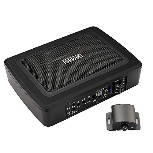 ISUDAR 9 Zoll schlanker Max 600W Subwoofer Aktiv Powered Untersitz-Auto Audio Subwoofer eingebautem Verstärker für Auto/LKW mit Fernbedienung niedrigen und hohen Eingangspegeln, Schwarz